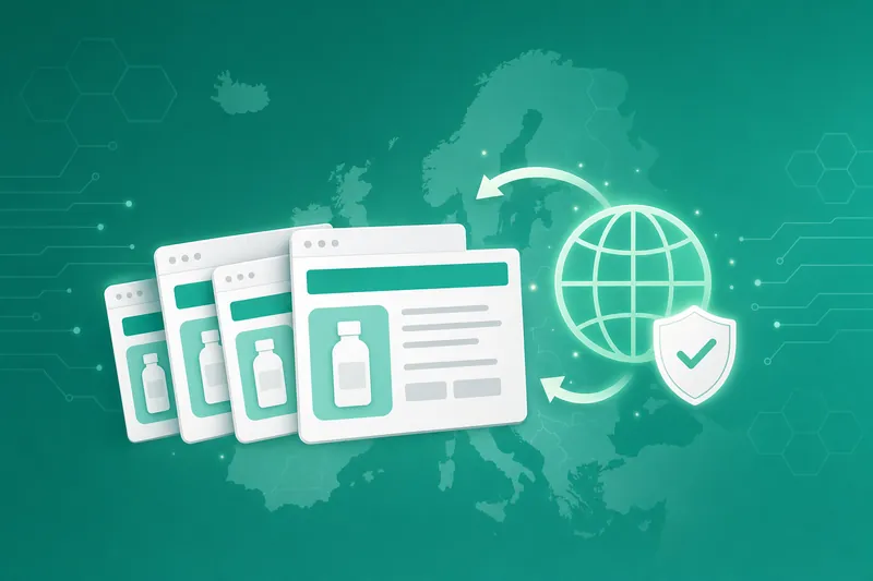 Several language versions of the same online shop page, linked to a globe and a shield with a tick.